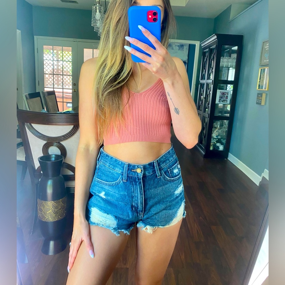 Blue distressed denim shorts